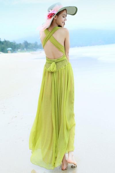 Oasap Bohemian Surplice Open Back Beach Midi Dress