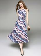 Oasap Colored Striped Printed Sleeveless Dress With Belt