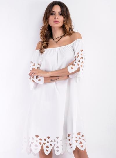 Oasap Slash Neck Long Sleeve Hollow Out Solid Color Dress