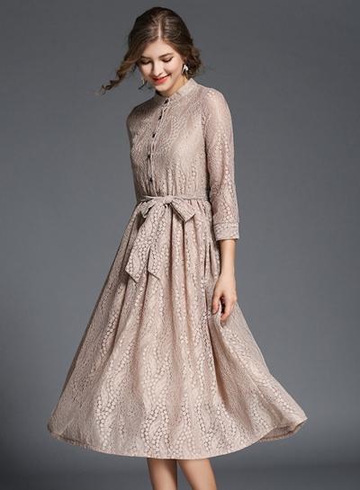 Oasap 3/4 Sleeve Lace Midi Dress With Belt