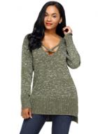 Oasap Army Green Deep V Neck Crisscross Knit Sweater