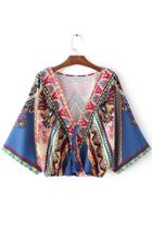 Oasap Women's Casual V Neck Batwing Sleeve Print Pullover Blouse
