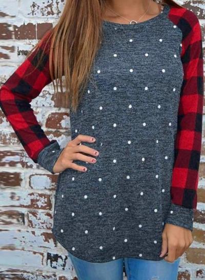 Oasap Polka Dots Plaid Splicing Long Sleeve Tee