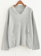 Oasap V Neck Long Sleeve Lace Up Solid Color Sweater