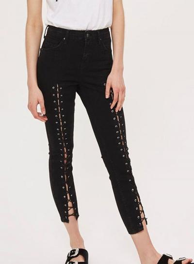 Oasap High Waist Lace-up Denim Pants