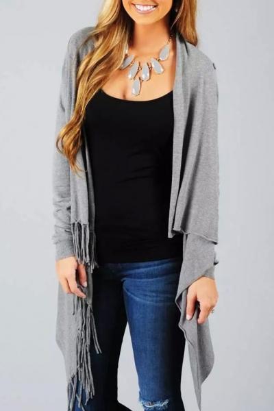 Oasap Elegant Fringed Asymmetric Shoulder Button Cardigan
