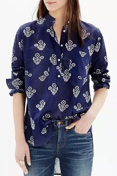 Oasap Vintage Floral Print Stand Collar Blouse