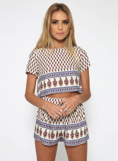 Oasap Short Sleeve Pattern Print Blouse High Waist Shorts Set