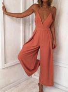 Oasap Sexy Summer Spaghetti Strap Lace Up Backless Deep V Neck Jumpsuits