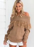 Oasap Off Shoulder Long Sleeve Loose Sweater With Tassel