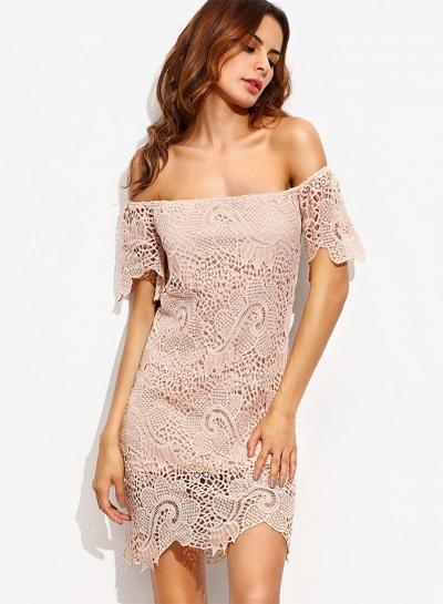 Oasap Off Shoulder Slash Neck Short Sleeve Lace Bodycon Dress