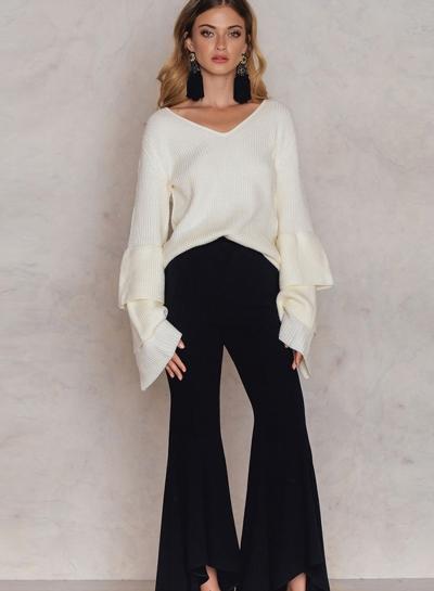 Oasap V Neck Solid Color Flare Sleeve Pullover Sweater