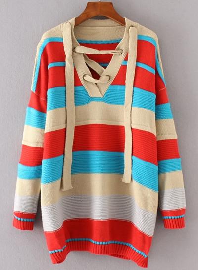 Oasap V Neck Lace-up Color Block Pullover Sweater