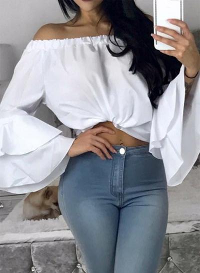 Oasap Off Shoulder Flare Sleeve Solid Irregular Blouse