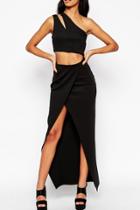 Oasap One Shoulder Crop Top And Maxi Wrap Skirt Set