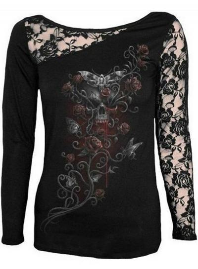 Oasap Casual Lace Long Sleeve Halloween Floral Skull Tee