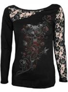Oasap Casual Lace Long Sleeve Halloween Floral Skull Tee