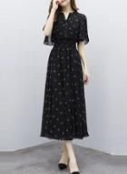 Oasap Pattern Print Half Sleeve Elastic Waist Chiffon Dress