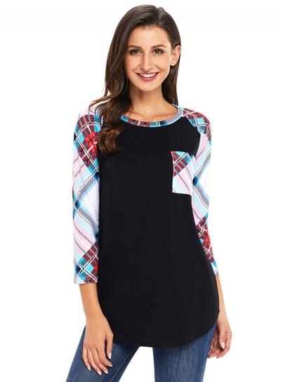 Oasap Plaid Sleeve Round Neck Pullover Tee Shirt