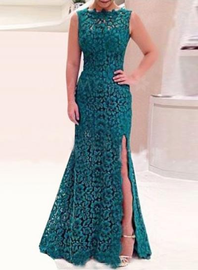 Oasap Round Neck Sleeveless Backless High Slit Lace Prom Dress