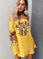 Oasap Off Shoulder Long Sleeve Floral Embroidery Mini Dress