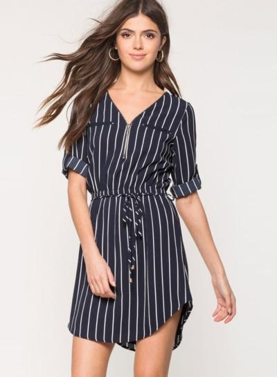 Oasap Striped V Neck Tie Waist Dress