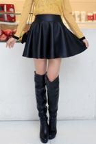 Oasap Black Pu Elastic Waist Pleated A-line Skirt
