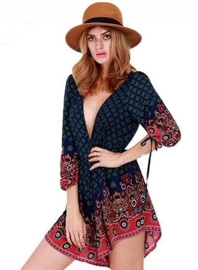 Oasap Boho Deep V Neck Long Sleeve Floral Print Romper