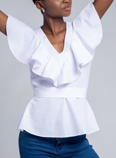 Oasap Solid Sleeveless Flounced Lace-up V Neck Blouse