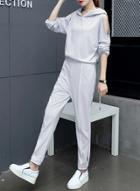 Oasap Open Shoulder Heathered Hoodie With Sweatpants Set