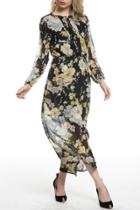Oasap Fashion Floral Print Lace-up Neck Maxi Chiffon Dress
