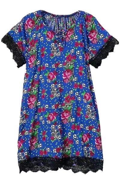 Oasap Lace Trim Floral Print A-line Dress