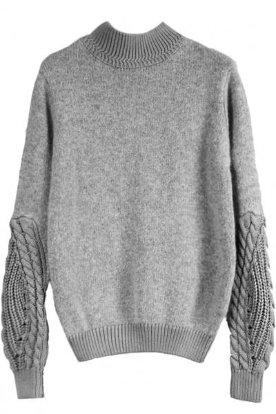 Oasap Grey Cable Knit Paneled Mock Neck Sweater