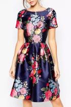 Oasap Vintage Floral Print Scoop Back Pleated Swing Dress