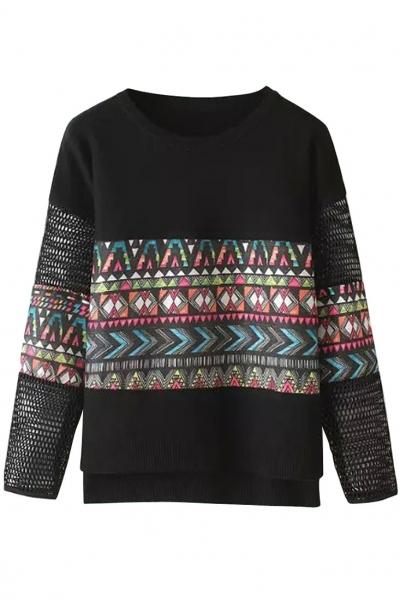Oasap Colorful Geo Print Mesh Paneled Sweatshirt