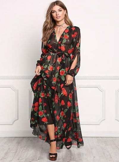 Oasap V Neck Long Sleeve Drawstring Waisted Dresses