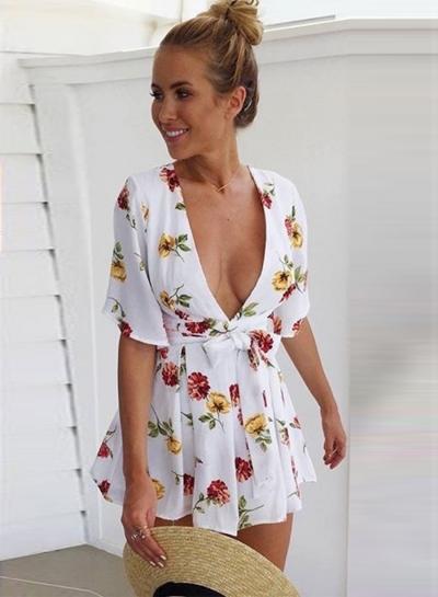 Oasap V Neck Short Sleeve Floral Tie Waist Loose Romper