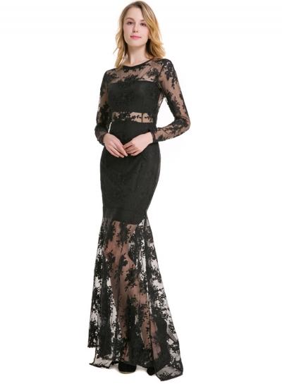 Oasap Elegant Lace Long Sleeve Solid Maxi Evening Dress
