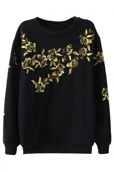 Oasap Black Embroidered Floral Pattern Sweatshirt