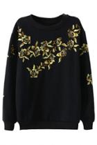 Oasap Black Embroidered Floral Pattern Sweatshirt