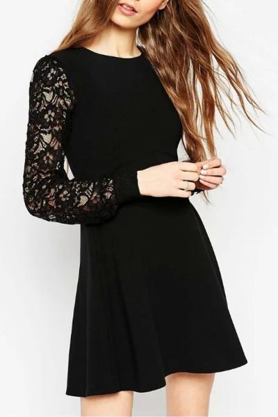 Oasap Black Floral Lace Paneled High Waist Trapeze Dress