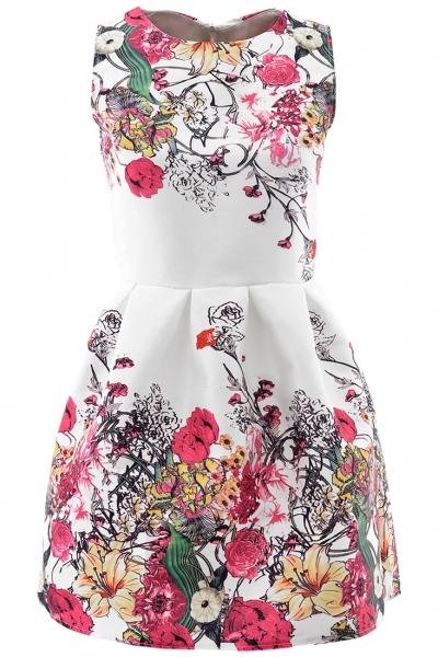 Oasap Sweet Graphic Floral White Mini Flare Dress