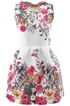Oasap Sweet Graphic Floral White Mini Flare Dress