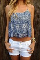 Oasap Navy Vintage-print Crop Cami Top