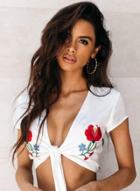Oasap Deep V Neck Tie Front Floral Embroidery Crop-top
