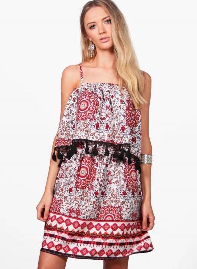 Oasap Spaghetti Strap Ruffle Floral Dress With Tassel