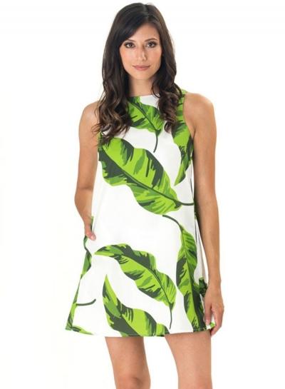 Oasap Fashion Green Leaf Printing Dress