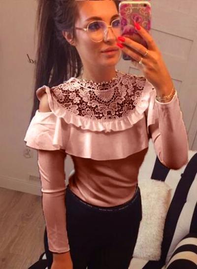 Oasap Round Neck Off Shoulder Lace Panel Tee Shirt