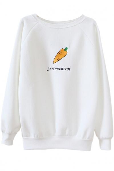 Oasap Embroidery Carrot Pattern Fleece Cozy Sweatshirt For Women