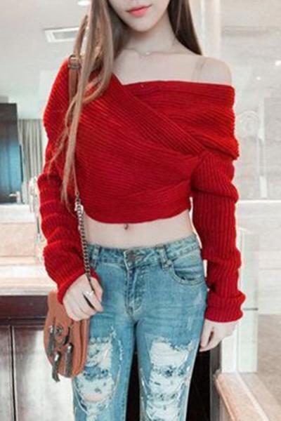 Oasap Faux Wrap Off-the-shoulder Ribbed Knit Sweater